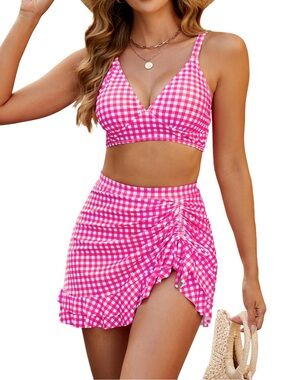 Blooming Jelly Two Piece Bikini Swimsuit Women’s Size XS Plaid Pink Swim Skirt